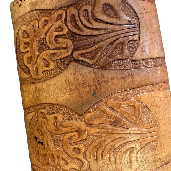 Vintage Hand Tooled Brown Leather Purse Adjustable Wide Strap Handbag - Picture 9 of 15